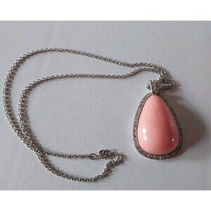 Vintage  1970's Avon Faux Coral Pink TearDrop Rhinestone Pendant Necklace Chain